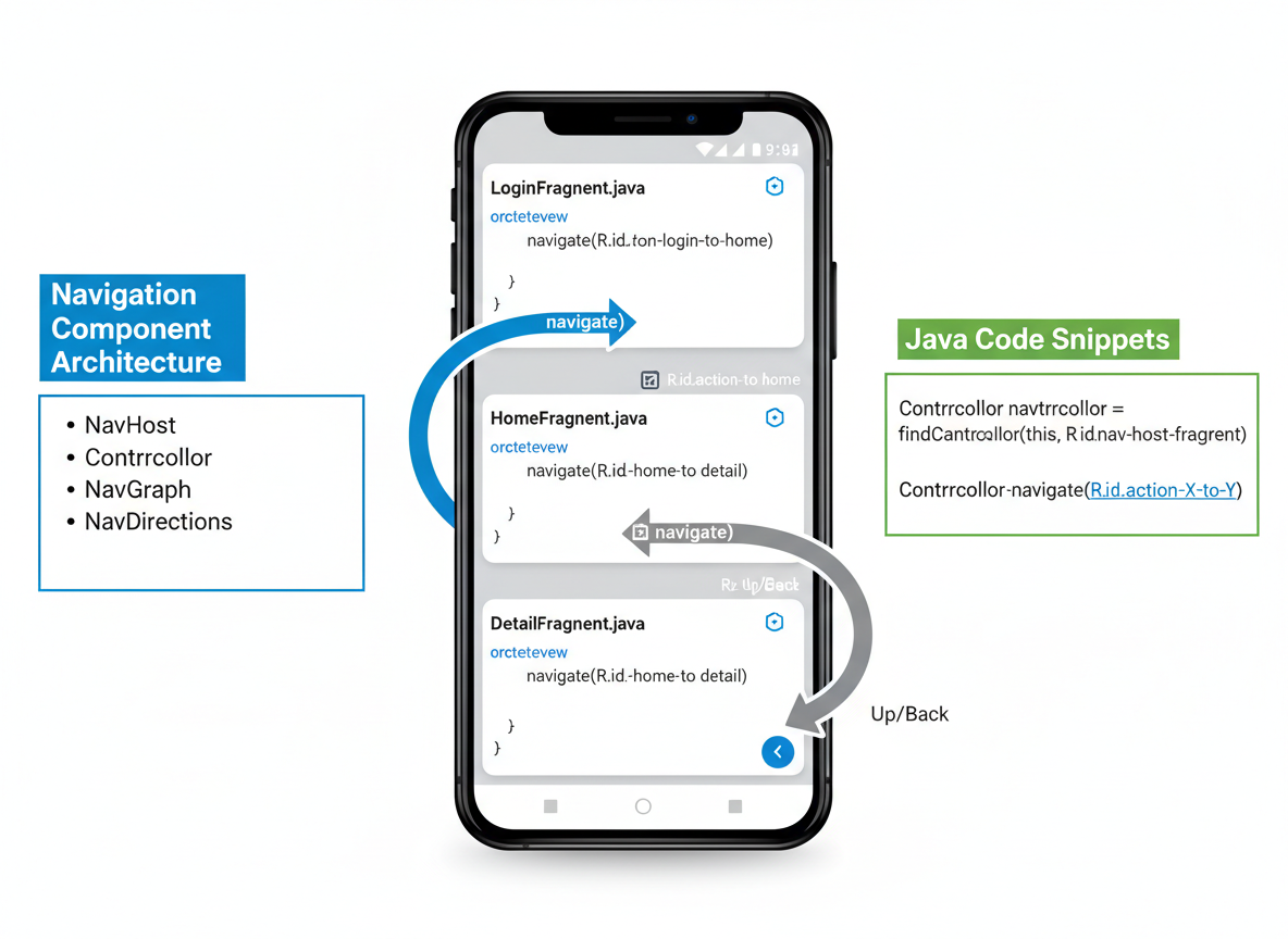 A clean technical illustration showing Android app navigation flow with Java code, featuring a smartphone with multiple screens connected by arrows representing the Navigation Component architecture