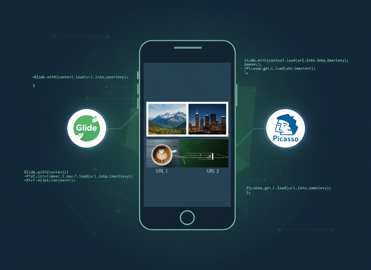 A clean, modern illustration showing Android app development with image loading. A smartphone displaying photos loaded from URLs, with Glide and Picasso library logos, Java code snippets in the background. Dark blue and green color scheme, tech style.