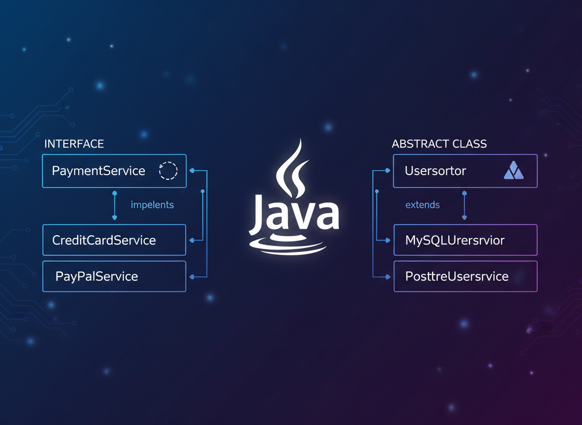 A clean, modern tech illustration showing Java interfaces and abstract classes concept. Dark background with blue and purple tones, showing code structure diagrams with interface and abstract class symbols, arrows showing implementation relationships, Java logo, professional programming/development style.