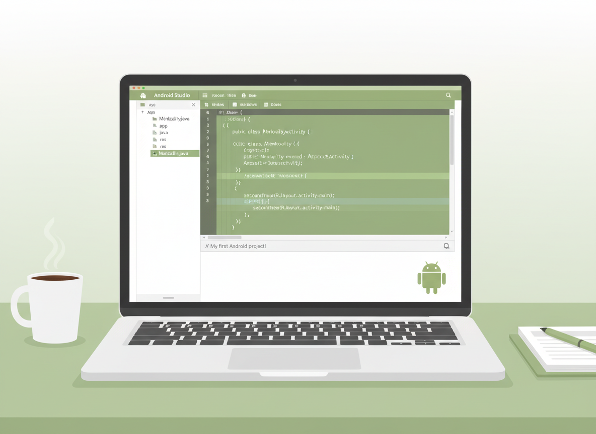 A clean illustration showing Android Studio IDE on a laptop screen with Java code visible, representing a beginner's first Android project. Modern flat design style with Android green colors.