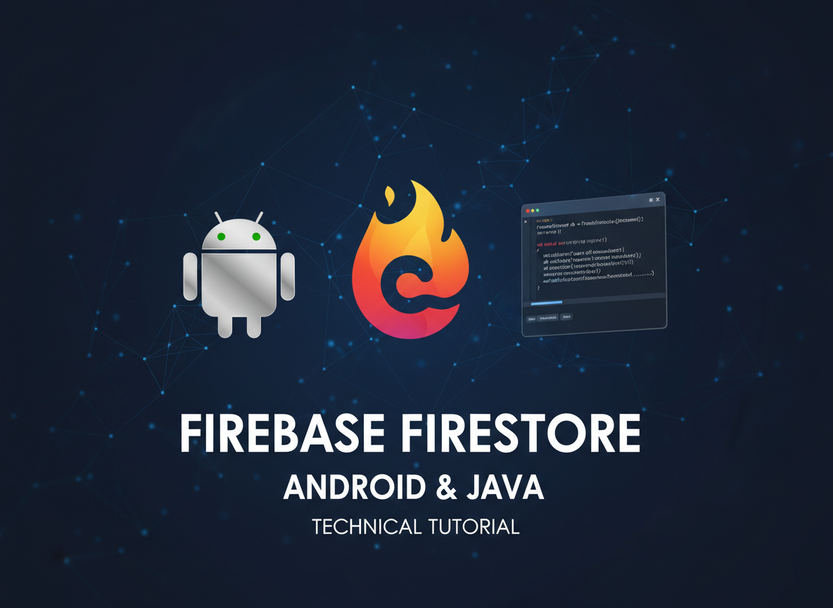 A modern, clean hero image for a technical tutorial about Firebase Firestore on Android with Java. Features the Firebase logo with orange flame colors, Android robot icon, and Java code elements on a dark background with subtle geometric patterns. Professional and tech-focused style.