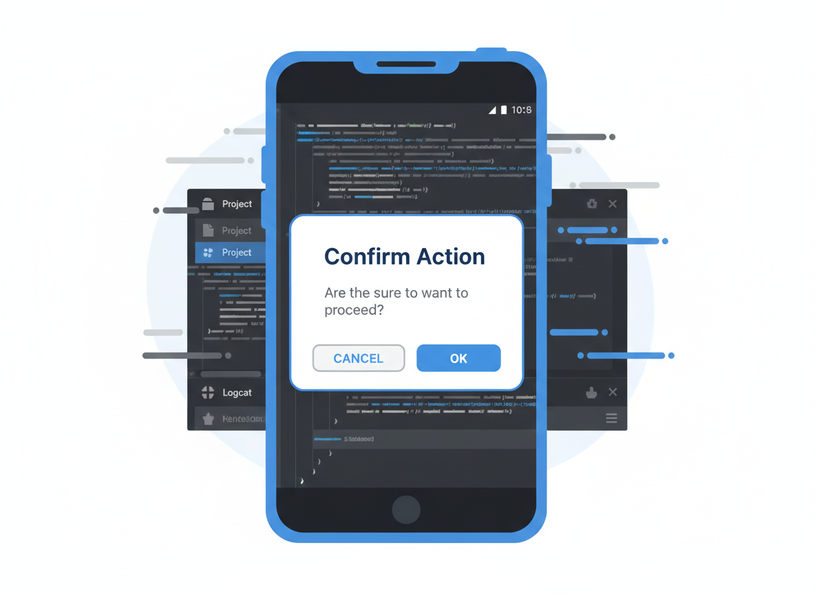 A clean, modern illustration of an Android smartphone displaying an AlertDialog popup window on screen. The dialog has a title, a message, and two buttons (OK and Cancel). The background shows a dark Android Studio IDE interface. The style is flat design with material design colors (blue, white, grey). Professional and technical look suitable for a programming tutorial blog.